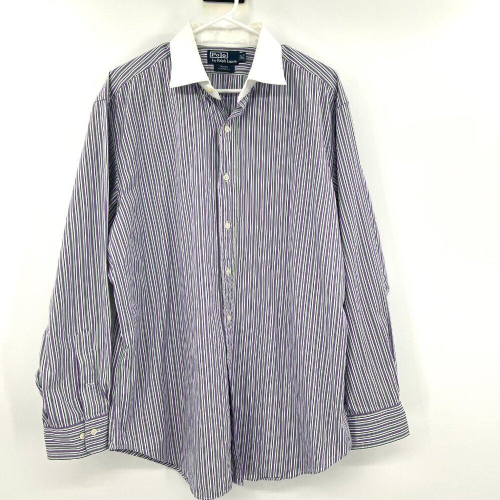 Polo by Ralph Lauren Regent Classic Fit Purple Green Striped Shirt 17.5 34/35 - Picture 1 of 4